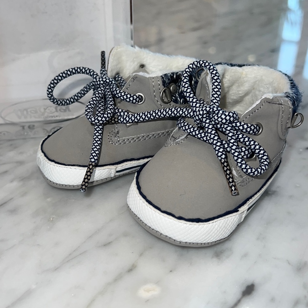 New Mayoral Baby Tie Up Boots in Grey with Navy Knitted accents